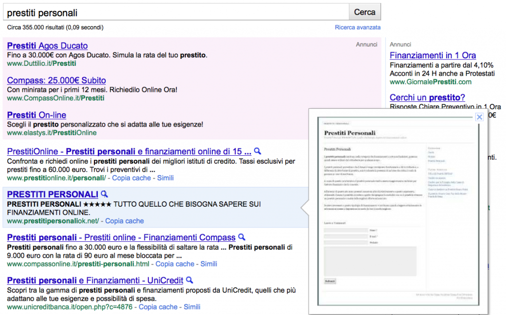 SERP prestiti personali Instant Preview