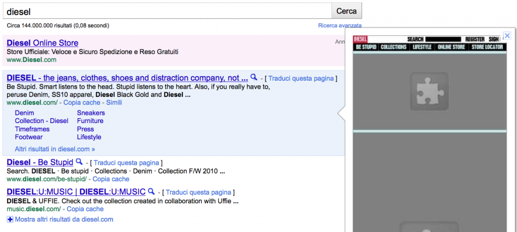 Google Instant Preview di Diesel
